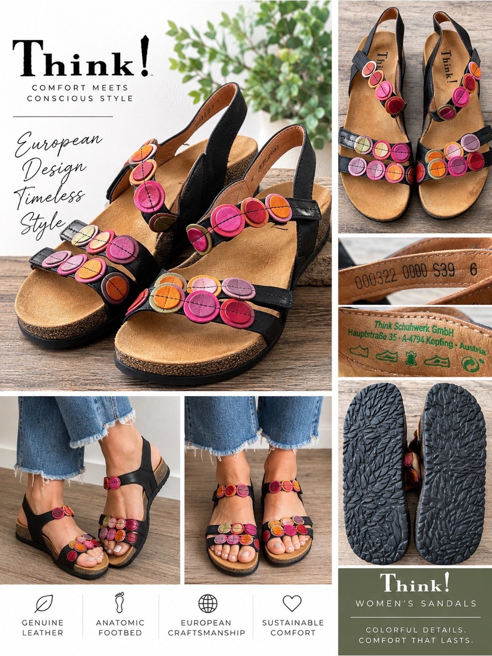 Think! Women's Black Sandals with Pink & Orange Accents